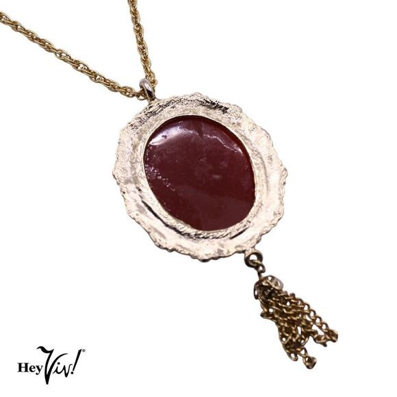 Vintage Cameo Pendant Necklace w Ornate Frame and Tassel 23" Chain - Hey Viv - Picture 3 of 5